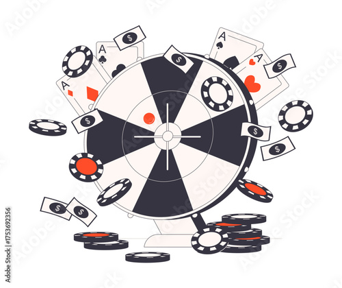 Casino fortune wheel. Winning jackpot, roulette game spinning flat vector background illustration. Fortune prize win concept