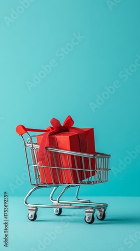 Shopping Cart With a Red Gift Wrapped in Ribbon Against a Turquoise Background