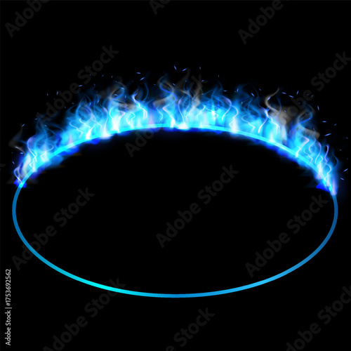 Fire frame in the shape of oval ring, vector blue light round fiery frame, burning clipping mask round border