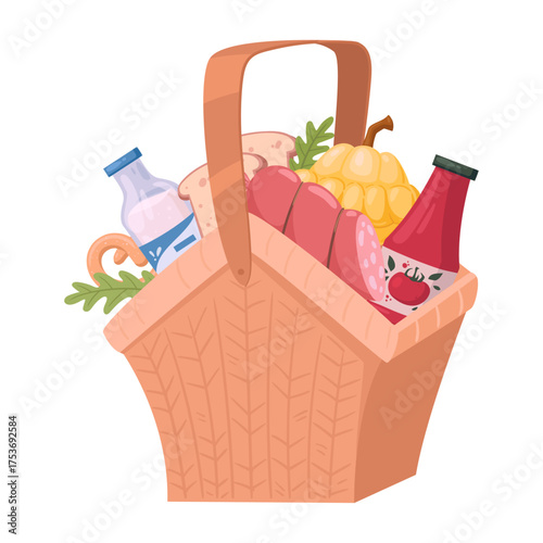 Grocery basket. Wicker basket full of food, snack hamper basket, beverage, dining, dish wicker baskets flat vector illustration. Handle picnic basket on white