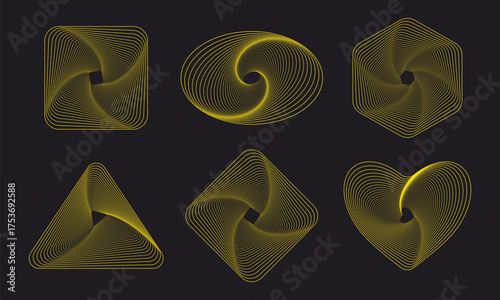 Geometric wireframe grids. Abstract trendy striped shapes, mesh triangle, circle, square figures flat vector Illustration set. Retrofuturistic linear figures collection