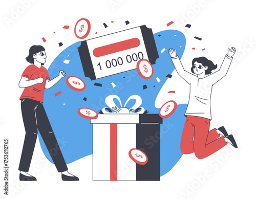 Happy gambling winners. Lucky people win at casino roulette games, gamers with money prize flat vector illustration. Cartoon cheerful gamers win