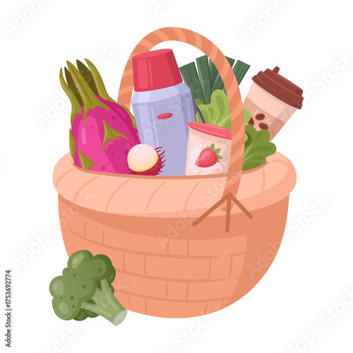 Handle hamper basket. Wicker grocery basket full of food and beverage, dining, snack dish wicker baskets flat vector illustration. Cartoon picnic basket on white