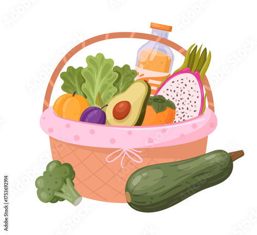 Picnic basket. Wicker basket full of fruit and vegetable, snack hamper basket, beverage, dining, dish wicker baskets flat vector illustration. Handle picnic basket on white