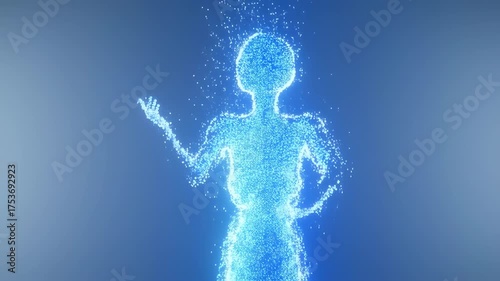 Holographic Blue Digital Woman Silhouette with Particles Gesturing