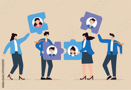 Flat illustration of HR team assembling jigsaw puzzle with candidate profiles fitting pieces together strategic hiring synergy detailed evaluation
