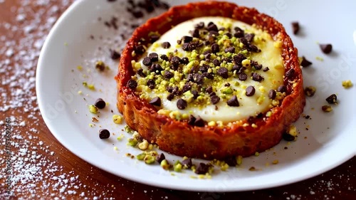 Delicious Dessert Tart with Creamy Filling, Topped with Pistachios and Dark Chocolate Chips on a White Plate
