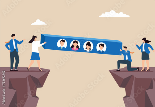 HR team building bridge with candidate profiles connecting talent bridging gaps strategic hiring collaborative recruitment