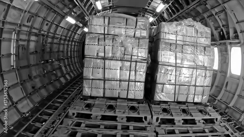 Loaded Cargo Aircraft Interior with Freight Pallets in Black and White