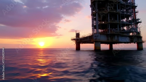 Offshore Oil Platform at Sunset, Industrial Rig Structure in the Ocean with Reflecting Sunlight