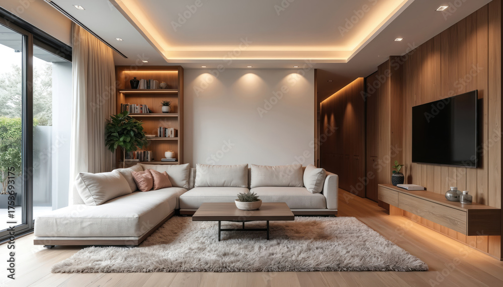 Fototapeta premium Living room interior design with sofa books TV set. Modern home decor. Cozy interior with wooden wall and bookshelf. Minimalist apartment with comfort furniture in apartment