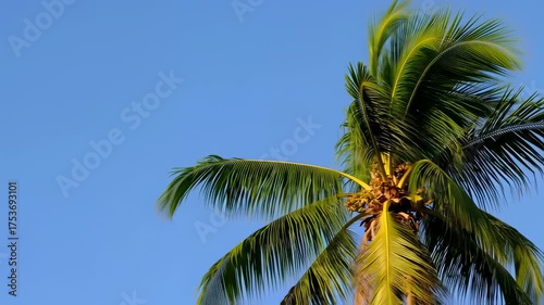 Tropical Coconut Palm Tree Fronds Swaying Gently Against Clear Blue Sky