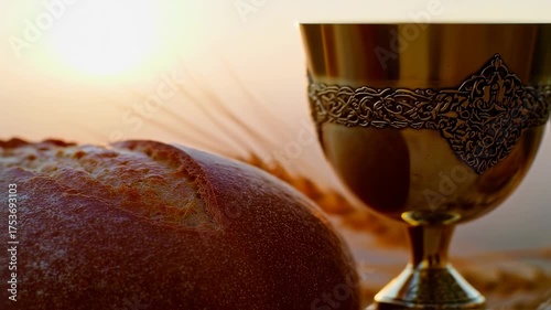 Golden Chalice and Bread with Wheat at Sunset, Symbolizing Holy Communion