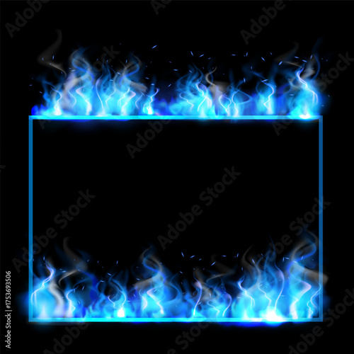 Green fire frame in the shape of rectangle, vector fiery frame, burning clipping mask border with light effect