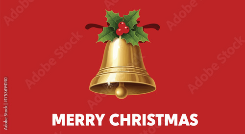 Golden Christmas bell adorned with holly leaves and berries on a vibrant red background with "Merry Christmas" text.