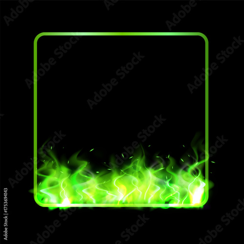 Green fire frame in the shape of square, vector fiery frame, burning clipping mask rectangle border with light effect