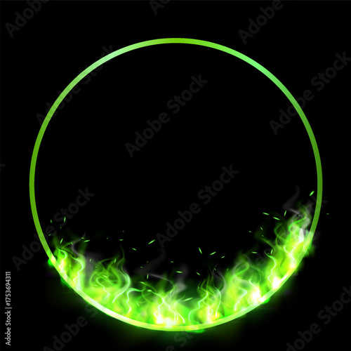Green fire frame in the shape of ring, vector circle fiery frame, burning clipping mask round border light effect