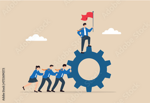 Flat illustration of business leader holding flag on top of giant gear powered by team members to symbolize teamwork and driving success together