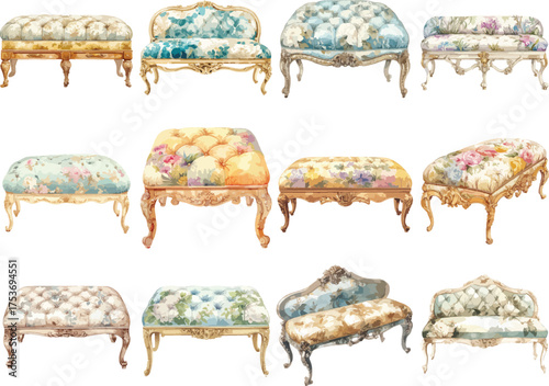 Watercolor Vintage Bench Clipart