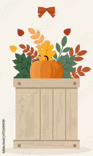  Wooden box with pumpkin and autumn leaves