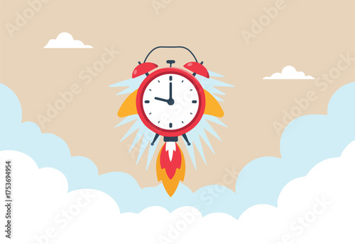 Flat illustration of red alarm clock launching like rocket into sky to represent urgency productivity and fast business startup
