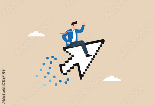 Flat illustration of businessman riding pixelated cursor arrow to represent digital transformation online direction and web navigation leadership