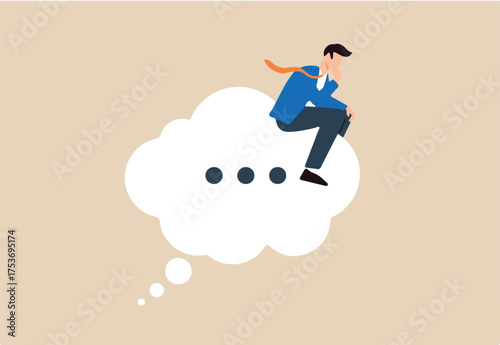 Businessman sits on thinking bubble, deep in thought like the thinker statue. Concept of considering solutions, critical thinking to solve problems and focusing on new ideas 