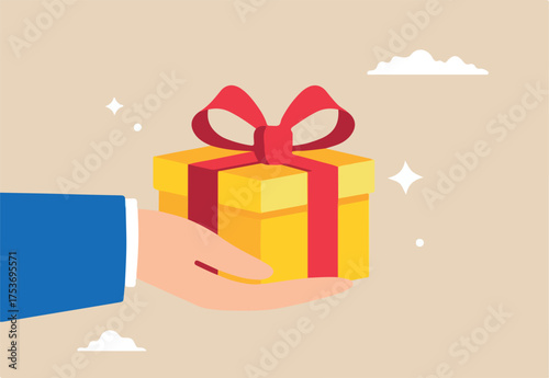 Flat illustration of businessman hand gives gift box with ribbon representing reward program or surprise for employees