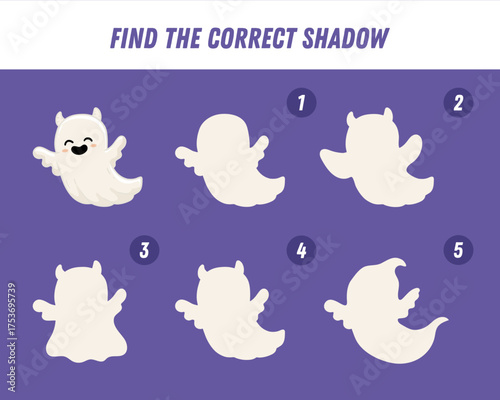 Find correct shadow of cute ghost. Educational logical game for kids. Halloween game. Cartoon ghost fly. Vector