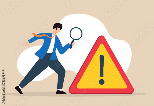 Flat illustration of businessman with magnifier investigates incidents with exclamation attention sign identifying risks and root causes of failures