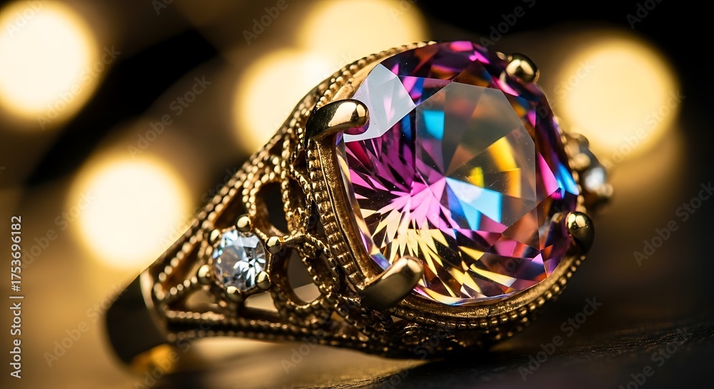 Fototapeta premium Ornate Gold Ring With Large Multi- Colored Gemstone and Bokeh