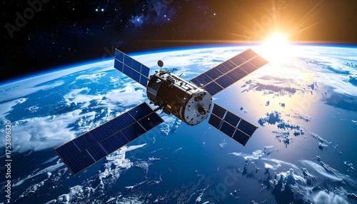 A satellite floats in space, solar panels extended, with the Earth's globe as a backdrop and the sun rising brightly