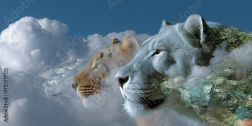 Majestic big cats emerge from clouds creating a stunning visual of nature's beauty and power in a dreamlike landscape