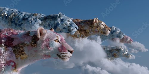 Lions and tigers made of clouds and flowers soar through a bright blue sky during a surreal and vibrant fantasy scene