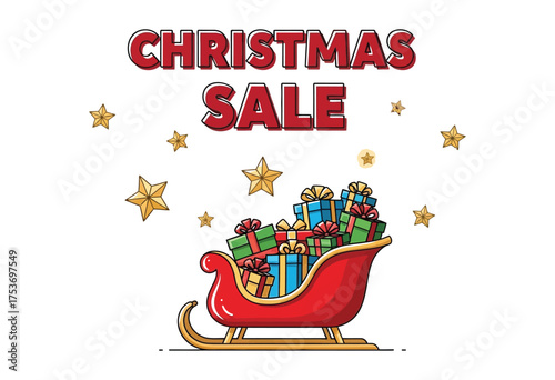 Festive Christmas sale with a sleigh full of gifts and sparkling stars