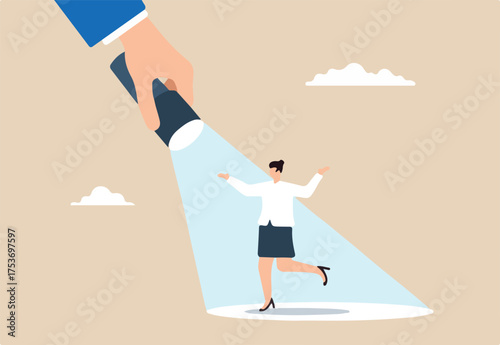 Businesswoman stands in bright spotlight, illustrating successful candidate for a job vacancy. Concept of outstanding performance, ambition, opportunities, and making ideal choice for job position