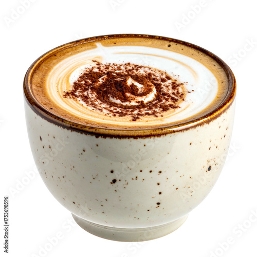 Creamy cappuccino in a speckled ceramic cup, dusted with cocoa, swirling foam