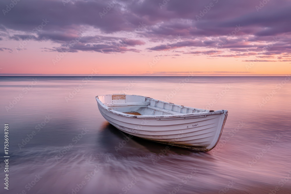 Fototapeta premium A serene coastal scene featuring a weathered rowboat beached at sunset, with the tranquil water reflecting the pastel sky and soft hues of the twilight, creating a peaceful ambiance.