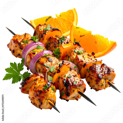 Skewered grilled chicken and vegetables with orange slices on a black background