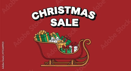 Festive sleigh overflowing with gifts, announcing a Christmas sale event