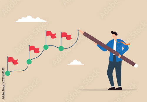 Flat illustration of businessman draw workflow line with achievement flag on progress map project milestone working process tracking work experience journey