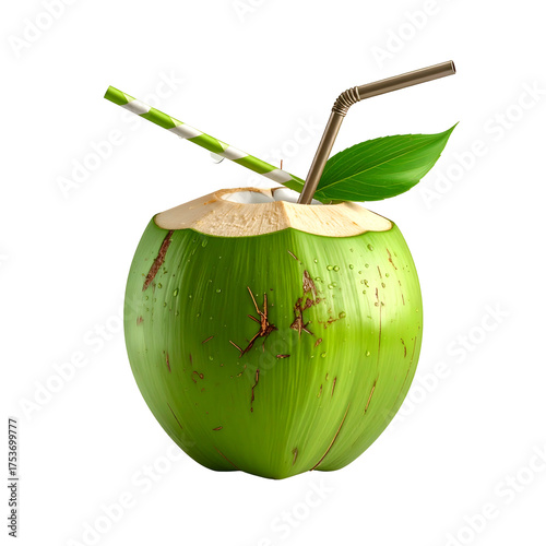 A freshly cut green coconut, straw inserted, with a leaf. Droplets visible. Black background