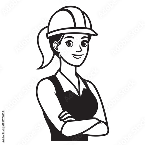 Illustration of a confident female construction worker isolated on white background, wearing a hard hat and with her arms crossed, symbolizing empowerment and professionalism in the building industry