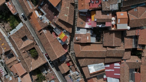 Aerial view of the Spanish style rooftop in Cusco City