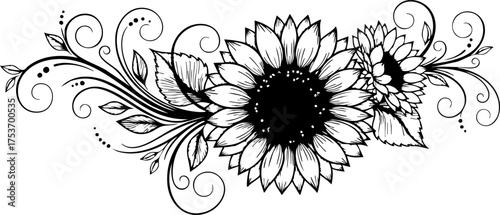 Elegant sunflower floral design element for invitations, tattoos, or branding projects offers a touch of nature with artistic flourishes and timeless appeal