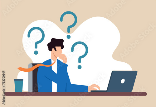Flat illustration of businessman thinks on laptop with question mark contemplating doubts and solving problems