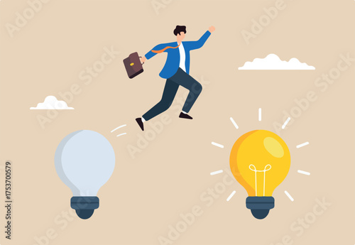 Flat illustration of businessman jump old to bright light bulb transformation new career opportunity improvement job decision move to different company