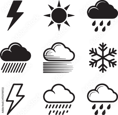 Set of nine detailed weather icons on a white background meteorological
