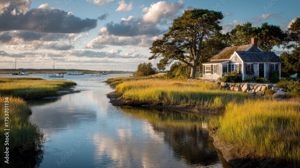 Obraz premium Idyllic coastal scene with cottage by tranquil river under cloudy sky