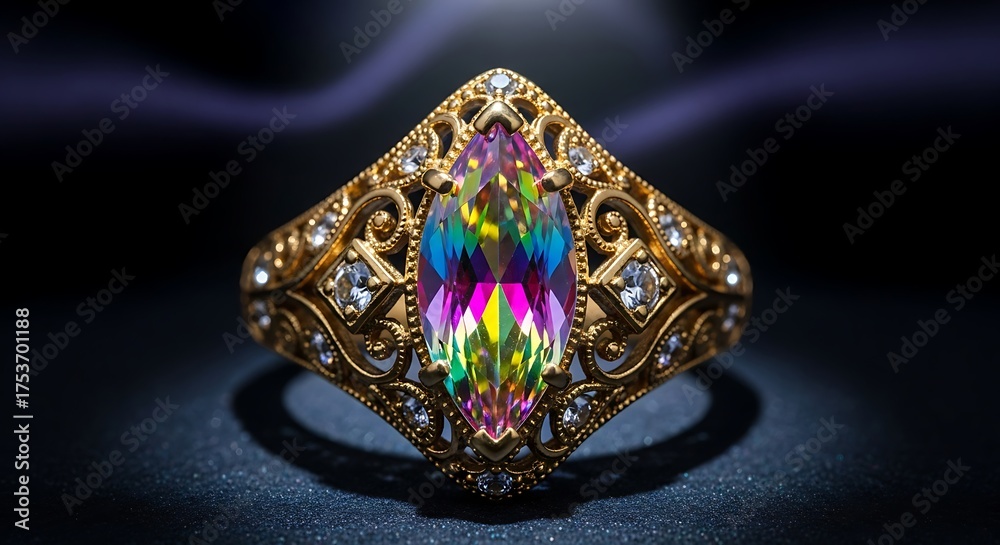 Fototapeta premium Ornate Gold Ring with Marquise Rainbow Gemstone jewelry